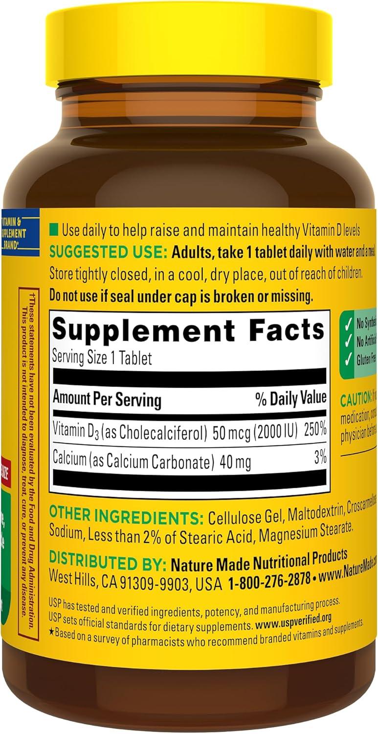 image:imageNature Made Vitamin D3 2000 IU 50 mcg Vitamin D Supplement for Bone Teeth Muscle and Immune Health Support 220 Tablets 220 Day Supply
