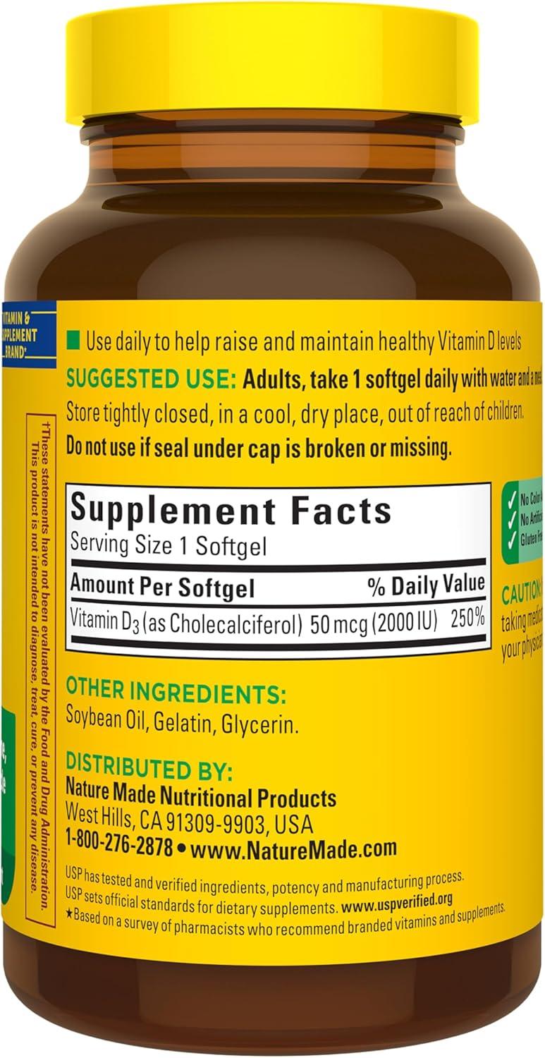 image:imageNature Made Vitamin D3 2000 IU 50 mcg Vitamin D Supplement for Bone Teeth Muscle and Immune Health Support 250 Softgels 250 Day Supply250 Count Pack of 1