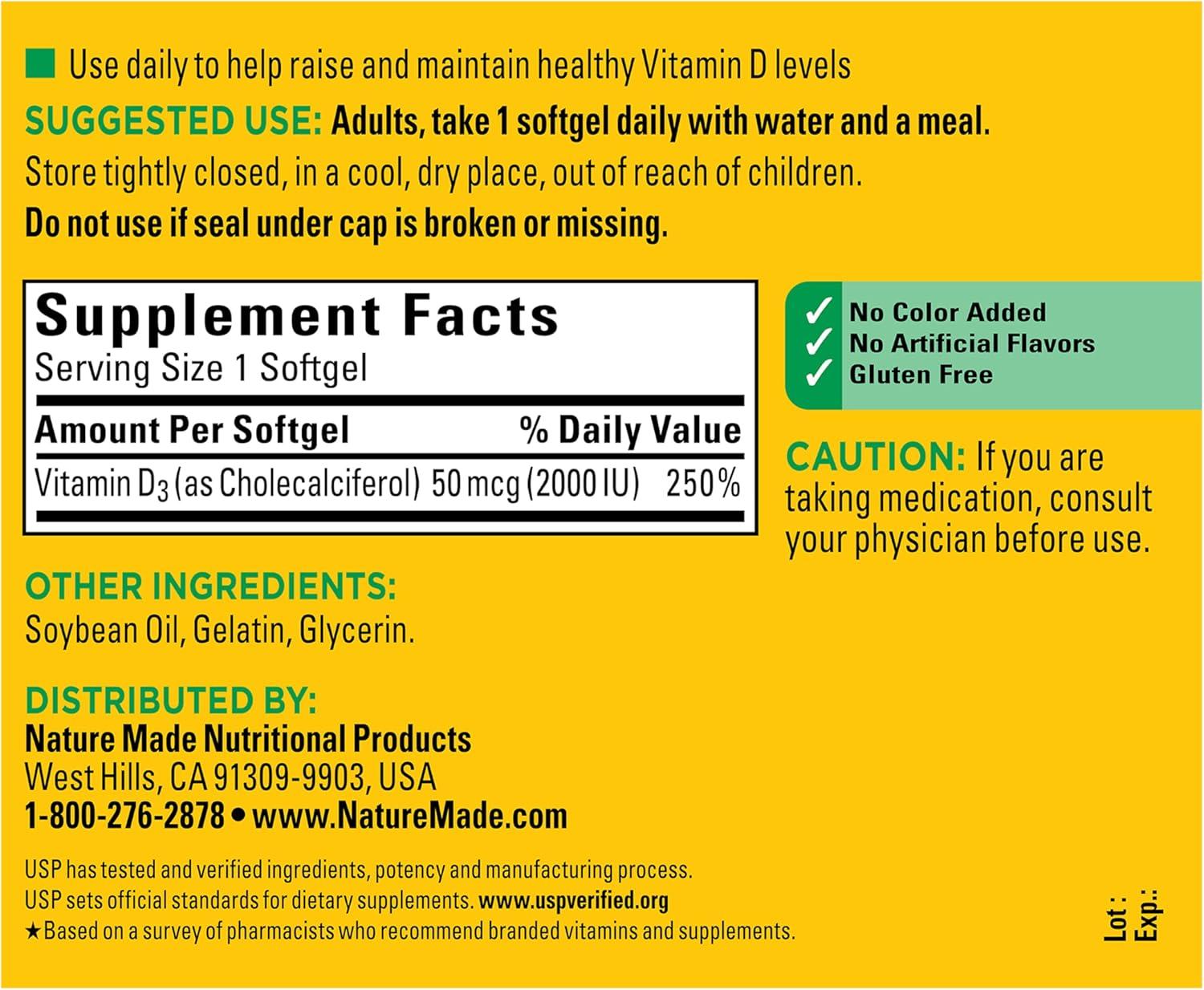 image:imageNature Made Vitamin D3 2000 IU 50 mcg Vitamin D Supplement for Bone Teeth Muscle and Immune Health Support 250 Softgels 250 Day Supply250 Count Pack of 1