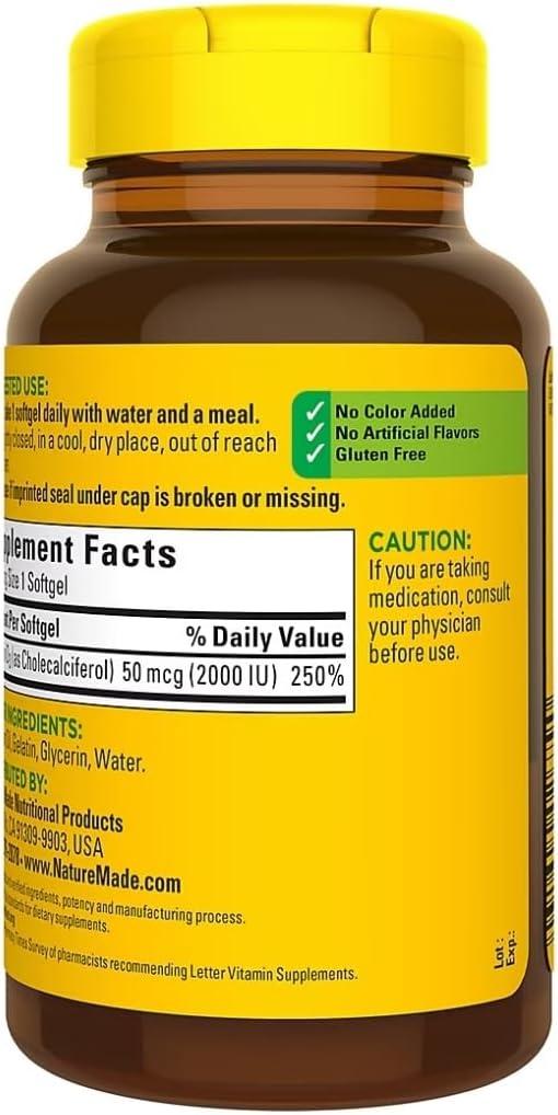 image:imageNature Made Vitamin D3 2000 IU 50 mcg Vitamin D Supplement for Bone Teeth Muscle and Immune Health Support 250 Softgels 250 Day Supply320 Count Pack of 1