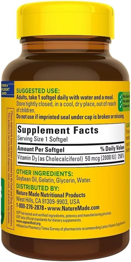 image:imageNature Made Vitamin D3 2000 IU 50 mcg Vitamin D Supplement for Bone Teeth Muscle and Immune Health Support 250 Softgels 250 Day Supply320 Count Pack of 1
