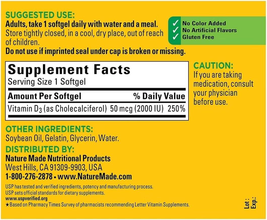 image:imageNature Made Vitamin D3 2000 IU 50 mcg Vitamin D Supplement for Bone Teeth Muscle and Immune Health Support 250 Softgels 250 Day Supply320 Count Pack of 1