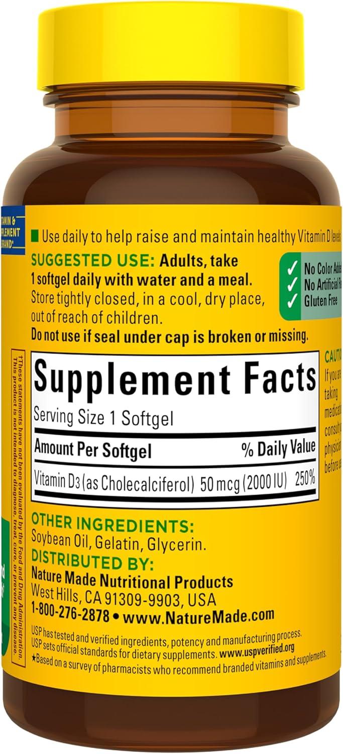 image:imageNature Made Vitamin D3 2000 IU 50 mcg Vitamin D Supplement for Bone Teeth Muscle and Immune Health Support 250 Softgels 250 Day Supply90 Count Pack of 1