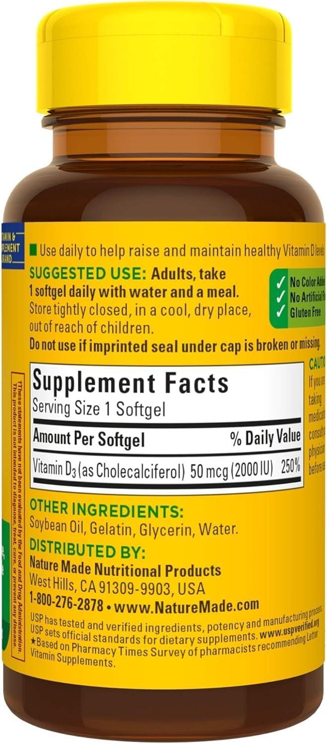 image:imageNature Made Vitamin D3 2000 IU 50 mcg Vitamin D Supplement for Bone Teeth Muscle and Immune Health Support 250 Softgels 250 Day Supply90 Count Pack of 3