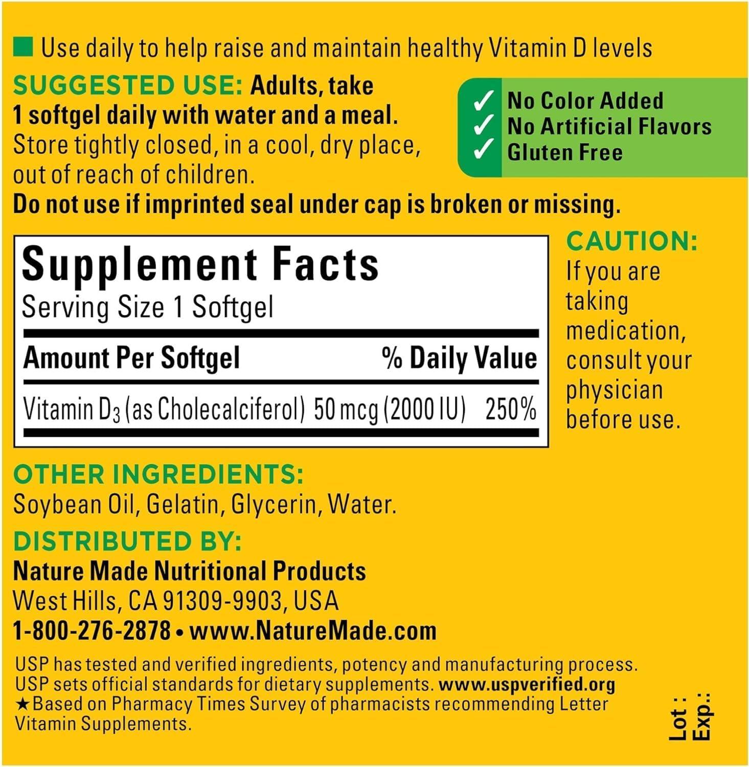 image:imageNature Made Vitamin D3 2000 IU 50 mcg Vitamin D Supplement for Bone Teeth Muscle and Immune Health Support 250 Softgels 250 Day Supply90 Count Pack of 2