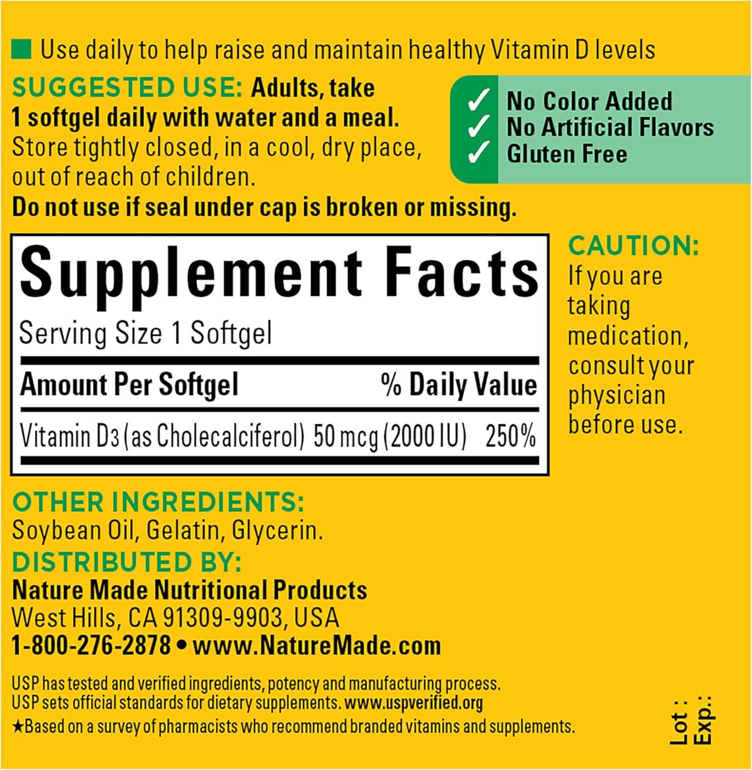 image:imageNature Made Vitamin D3 2000 IU 50 mcg Vitamin D Supplement for Bone Teeth Muscle and Immune Health Support 250 Softgels 250 Day Supply90 Count Pack of 1