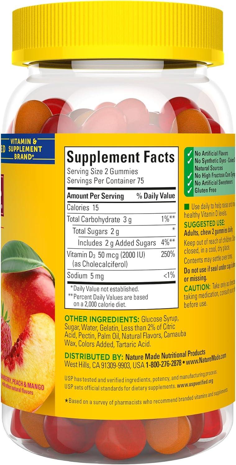 image:imageNature Made Vitamin D3 2000 IU Per Serving Gummies Bone Teeth Muscle and Immune Health Support 75 Day Supply 150 Vitamin D Gummies for AdultsStrawberry Peach Mango