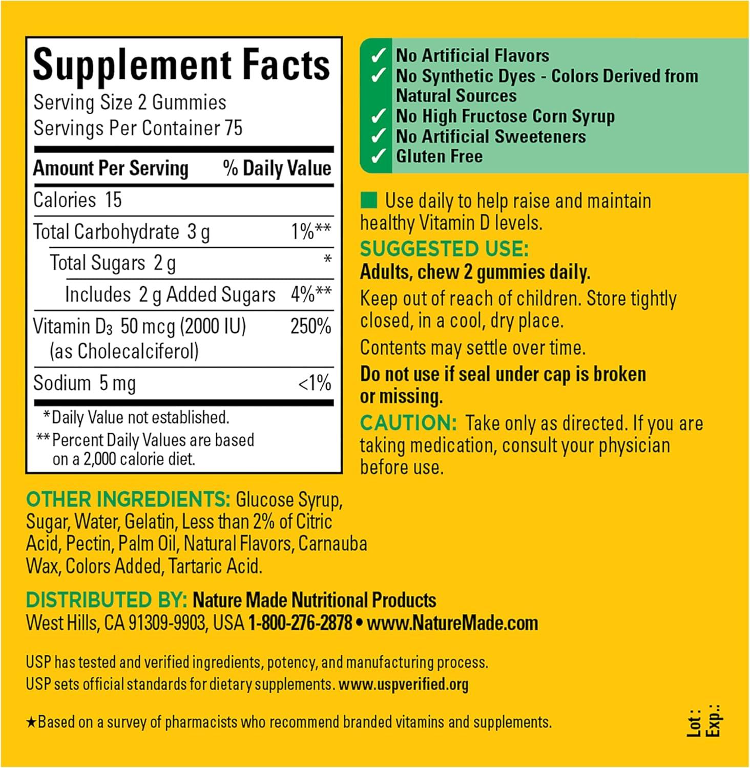 image:imageNature Made Vitamin D3 2000 IU Per Serving Gummies Bone Teeth Muscle and Immune Health Support 75 Day Supply 150 Vitamin D Gummies for AdultsStrawberry Peach Mango