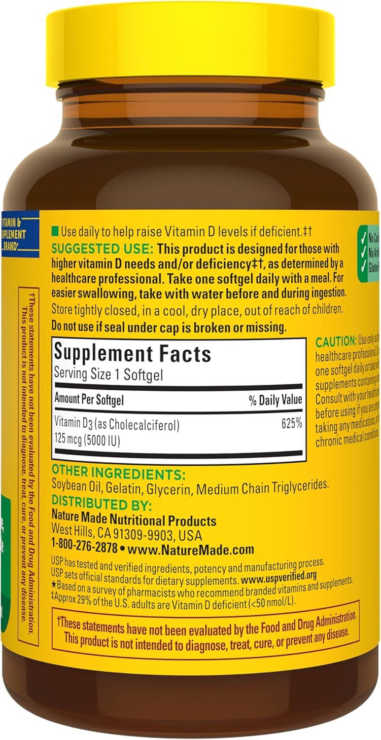 image:imageNature Made Vitamin D3 5000 IU 125 mcg Softgels Extra Strength Vitamin D Supplement for Bone and Immune Health Support 360 Count 360 Day Supply360 Count Pack of 1