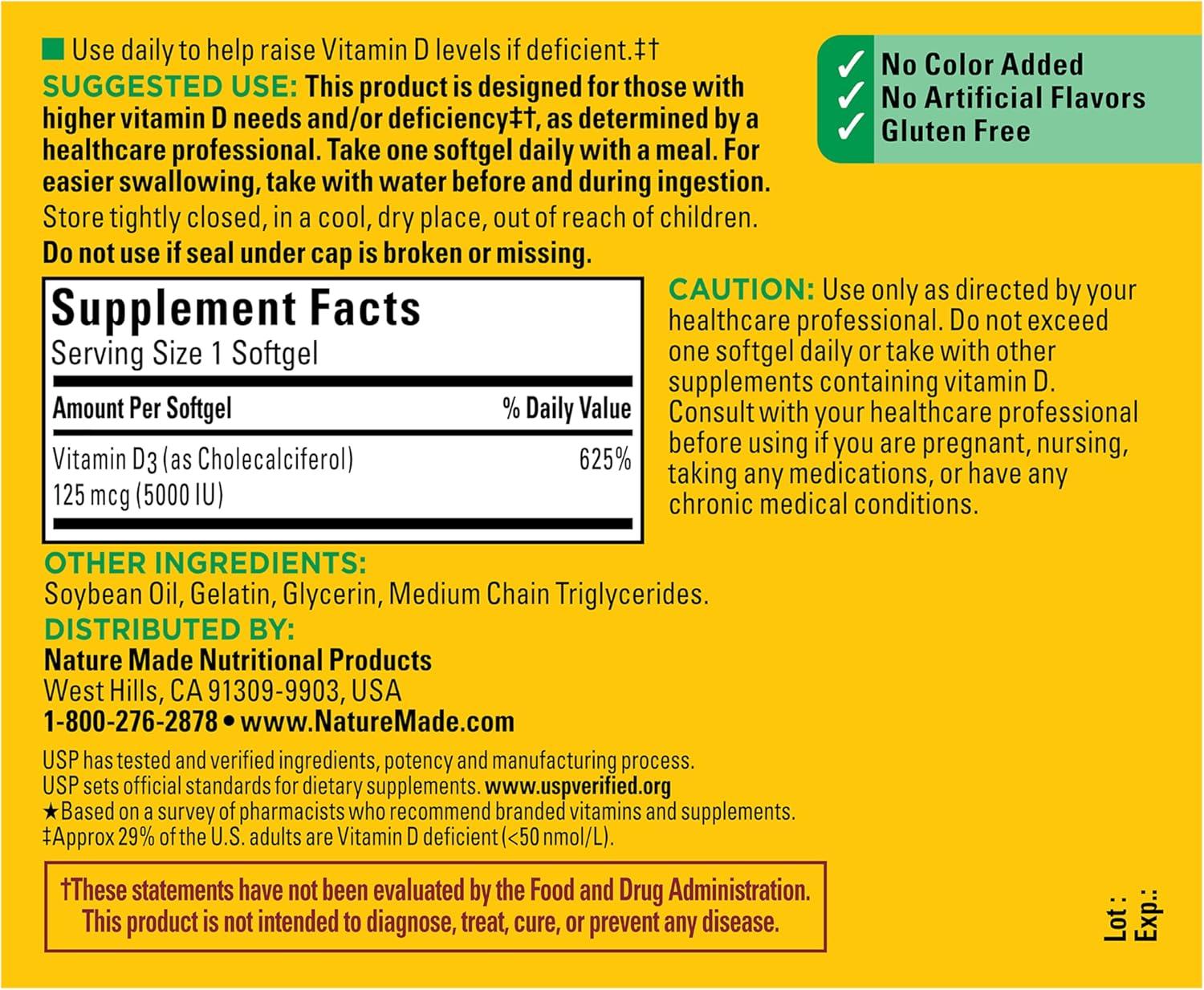 image:imageNature Made Vitamin D3 5000 IU 125 mcg Softgels Extra Strength Vitamin D Supplement for Bone and Immune Health Support 360 Count 360 Day Supply360 Count Pack of 1