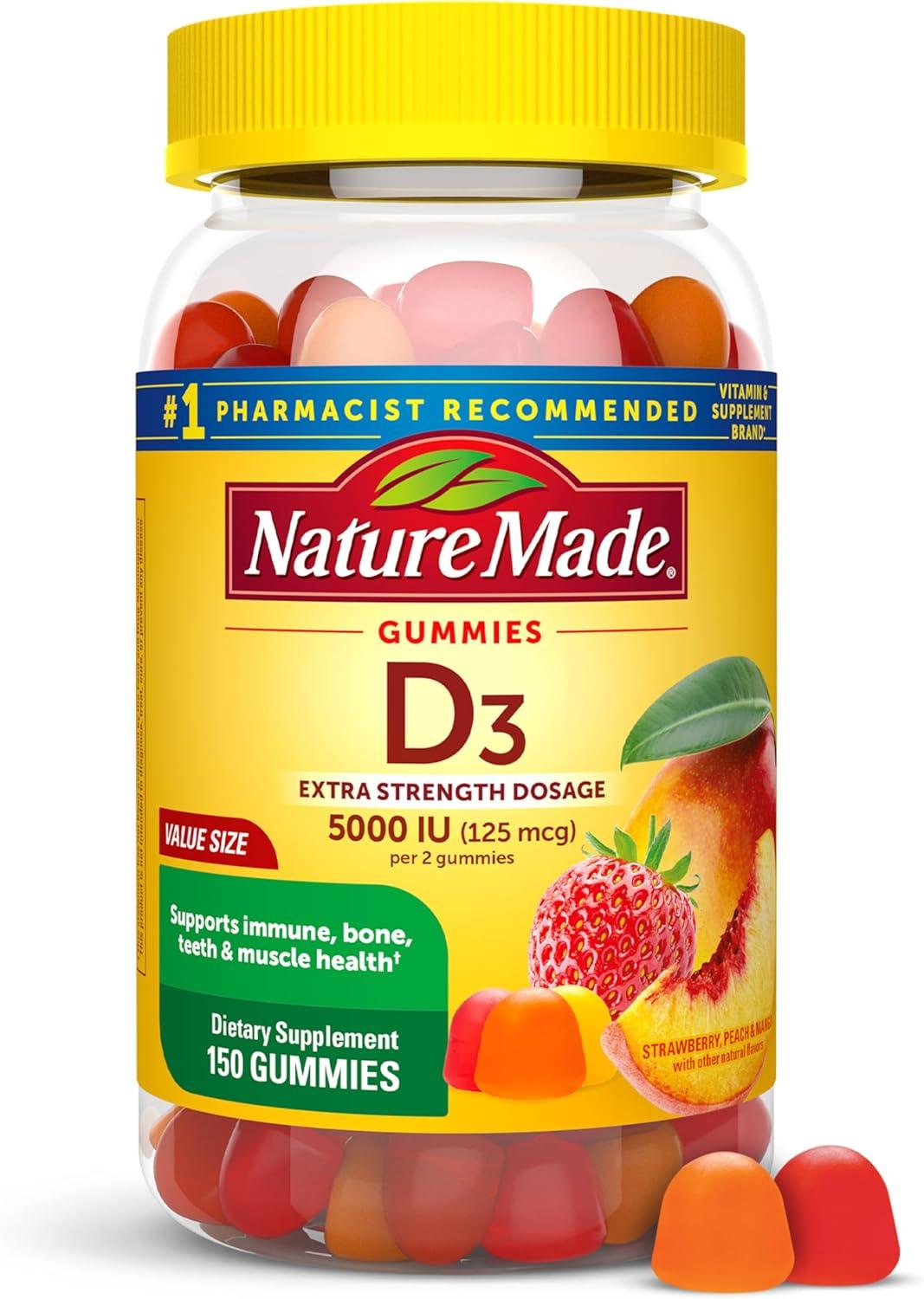image:imageNature Made Vitamin D3 5000 IU Per Serving Gummies Extra Strength Bone and Immune Health Support 80 Vitamin D Gummies for Adults 40 Day SupplyStrawberry Peach Mango