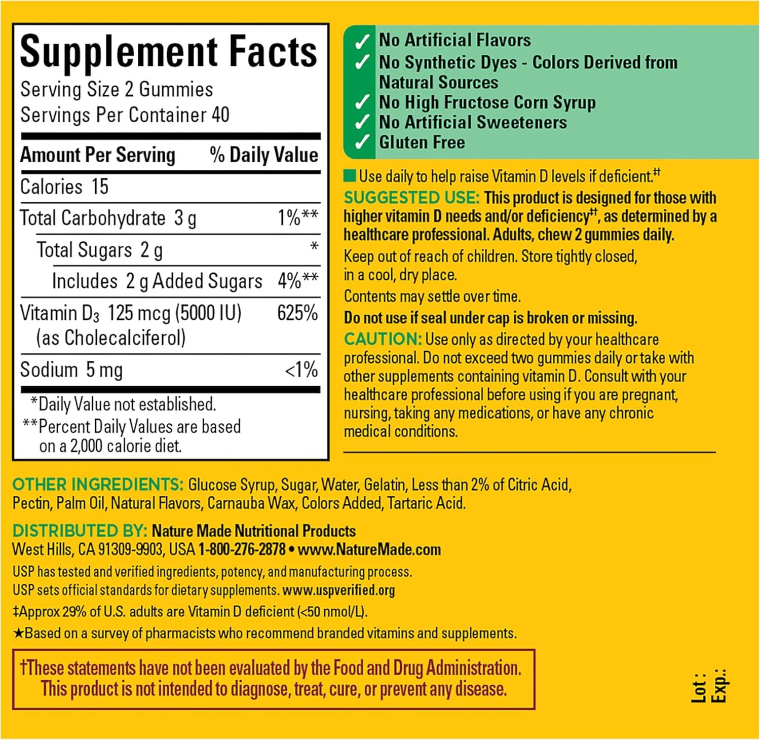 image:imageNature Made Vitamin D3 5000 IU Per Serving Gummies Extra Strength Bone and Immune Health Support 80 Vitamin D Gummies for Adults 40 Day SupplyStrawberry Peach Mango