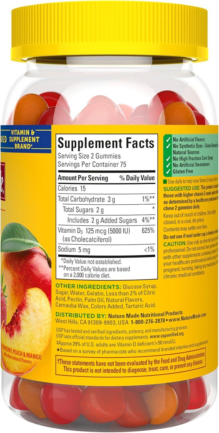 image:imageNature Made Vitamin D3 5000 IU Per Serving Gummies Extra Strength Bone and Immune Health Support 80 Vitamin D Gummies for Adults 40 Day SupplyStrawberry Peach Mango