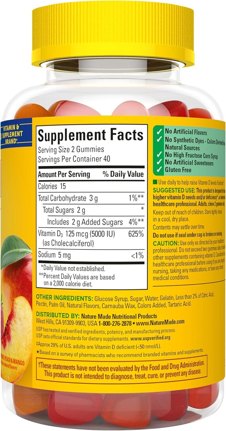 image:imageNature Made Vitamin D3 5000 IU Per Serving Gummies Extra Strength Bone and Immune Health Support 80 Vitamin D Gummies for Adults 40 Day SupplyStrawberry Peach Mango
