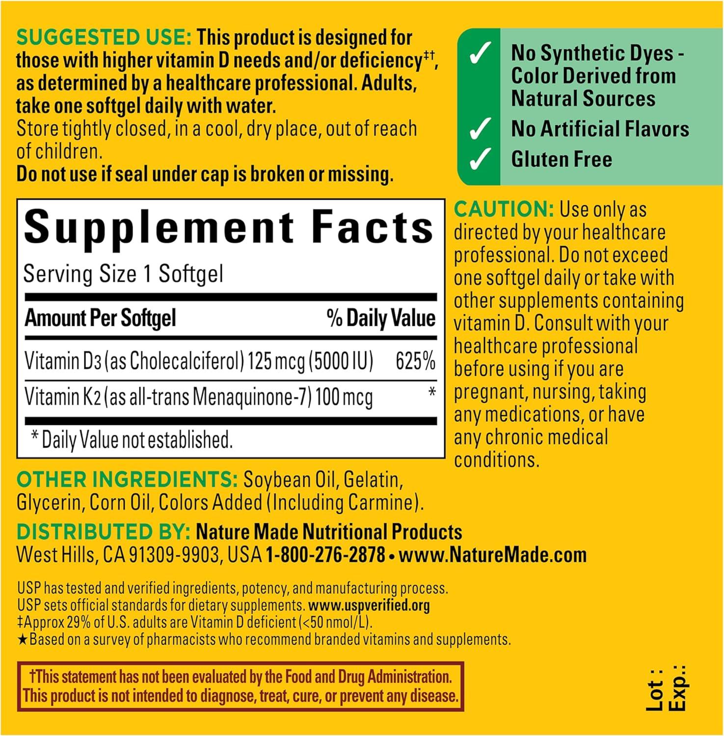 image:imageNature Made Vitamin D3 K2 Supplement 5000 IU 125 mcg Vitamin D for Bone Teeth Muscle and Immune Support 30 D3 and K2 Softgels 30 Day SupplyUnflavored