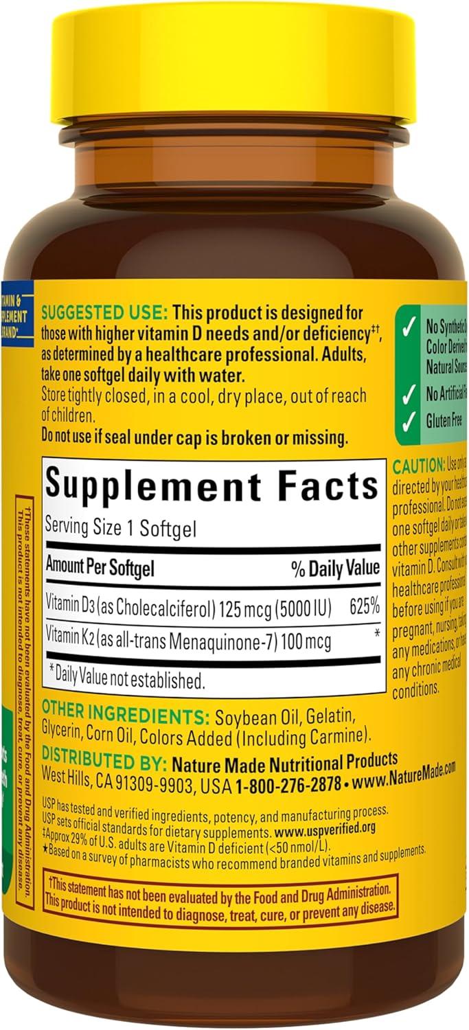 image:imageNature Made Vitamin D3 K2 Supplement 5000 IU 125 mcg Vitamin D for Bone Teeth Muscle and Immune Support 30 D3 and K2 Softgels 30 Day SupplyUnflavored