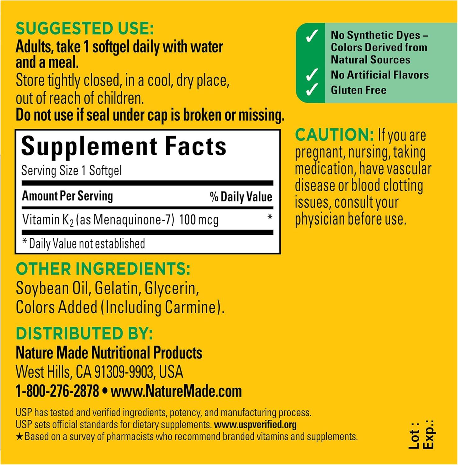 image:imageNature Made Vitamin K2 100 mcg Healthy Bone Supplements Vitamin K2 Supplement 30 Softgels 30 Day Supply