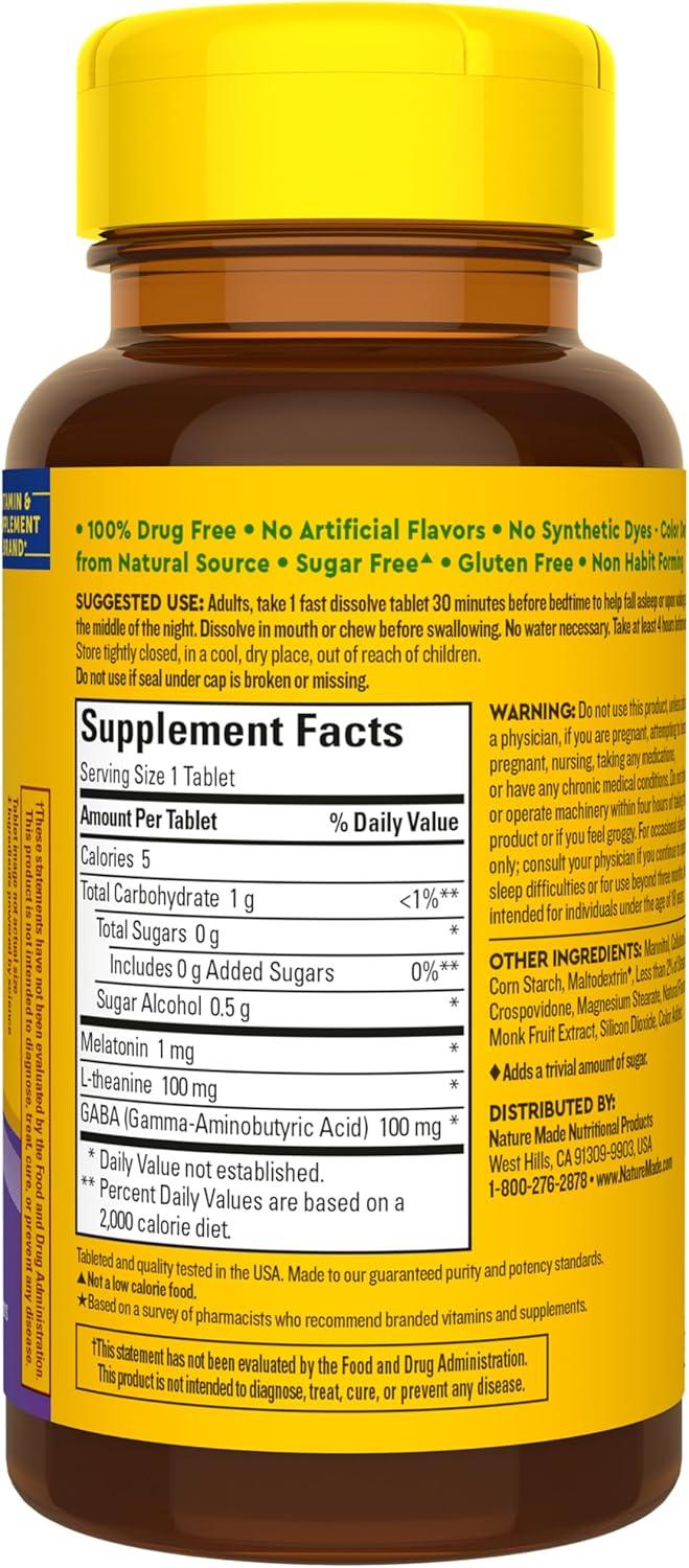 image:imageNature Made Wellblends Back To Sleep Lower Dose Melatonin 1 mg L theanine 100 mg and GABA 100mg Sleep Supplement 40 Fast Dissolve Tablets40 Count Pack of 1