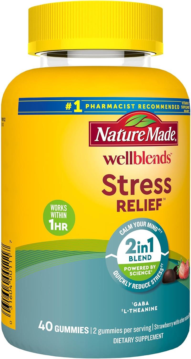 image:imageNature Made Wellblends Stress Relief Gummies L theanine 200mg to Help Reduce Stress with GABA 100mg Same Day Stress Support 40 Strawberry Flavor Gummies40 Count Pack of 1