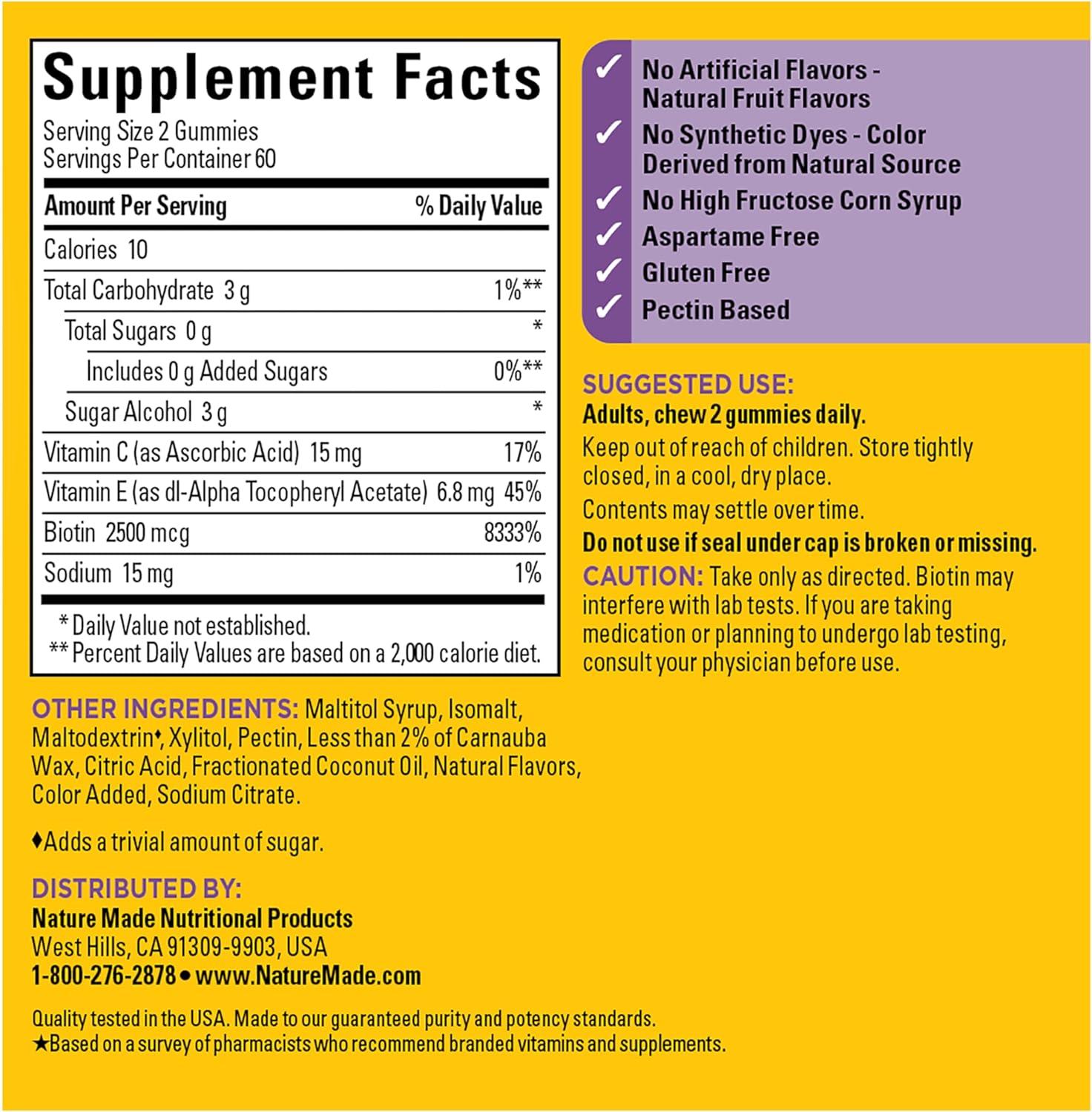 image:imageNature Made Zero Sugar Hair Skin Nails Gummies Biotin 2500 mcg per Serving 120 Sugar Free Gummies 60 Day Supply120 Count Pack of 1