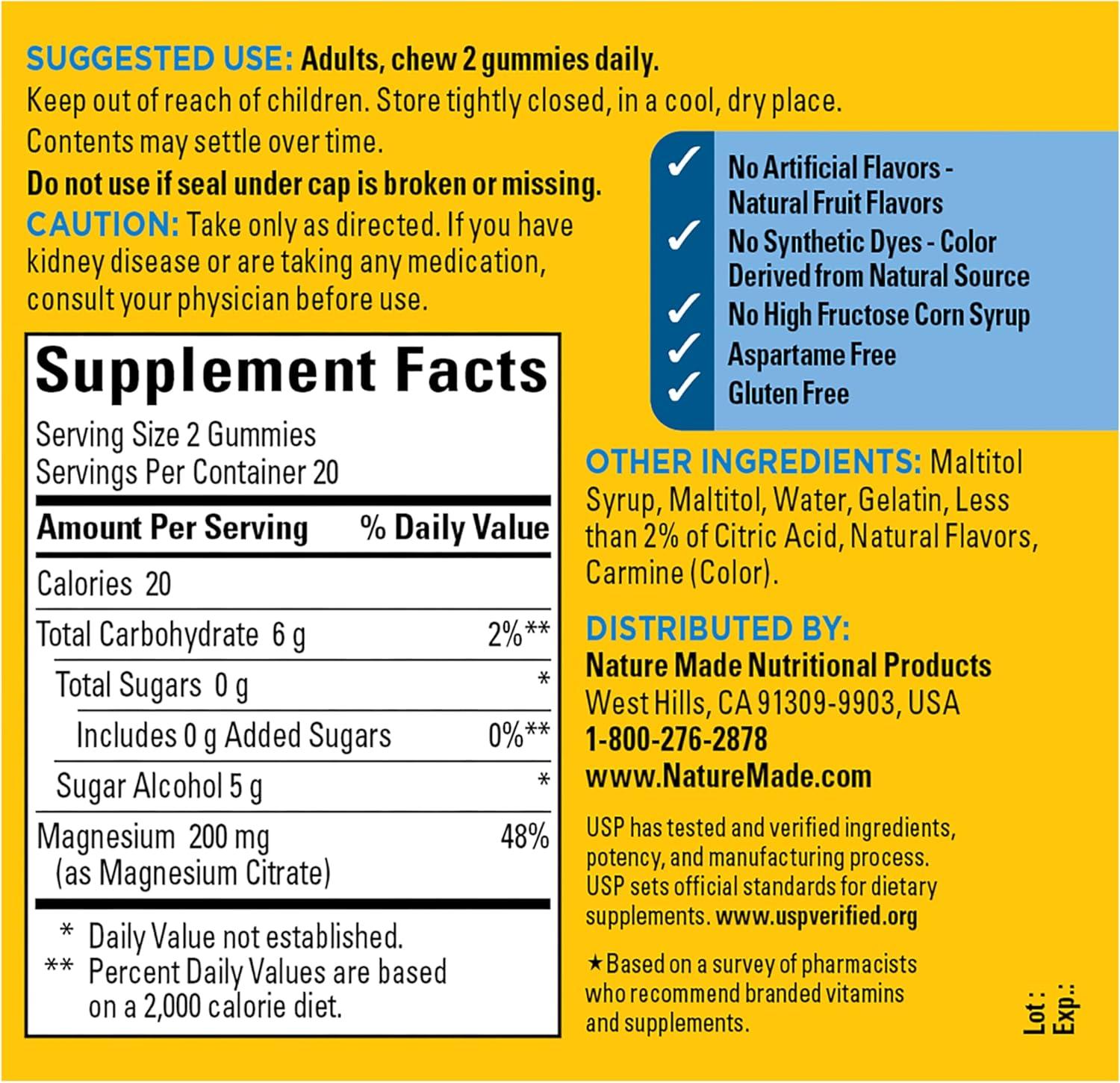 image:imageNature Made Zero Sugar Magnesium Citrate Gummies 200 Mg Per Serving Muscle amp Bone Support Aspartame Free 40 Sugar Free High Absorption Magnesium Gummies 20 Day Supply