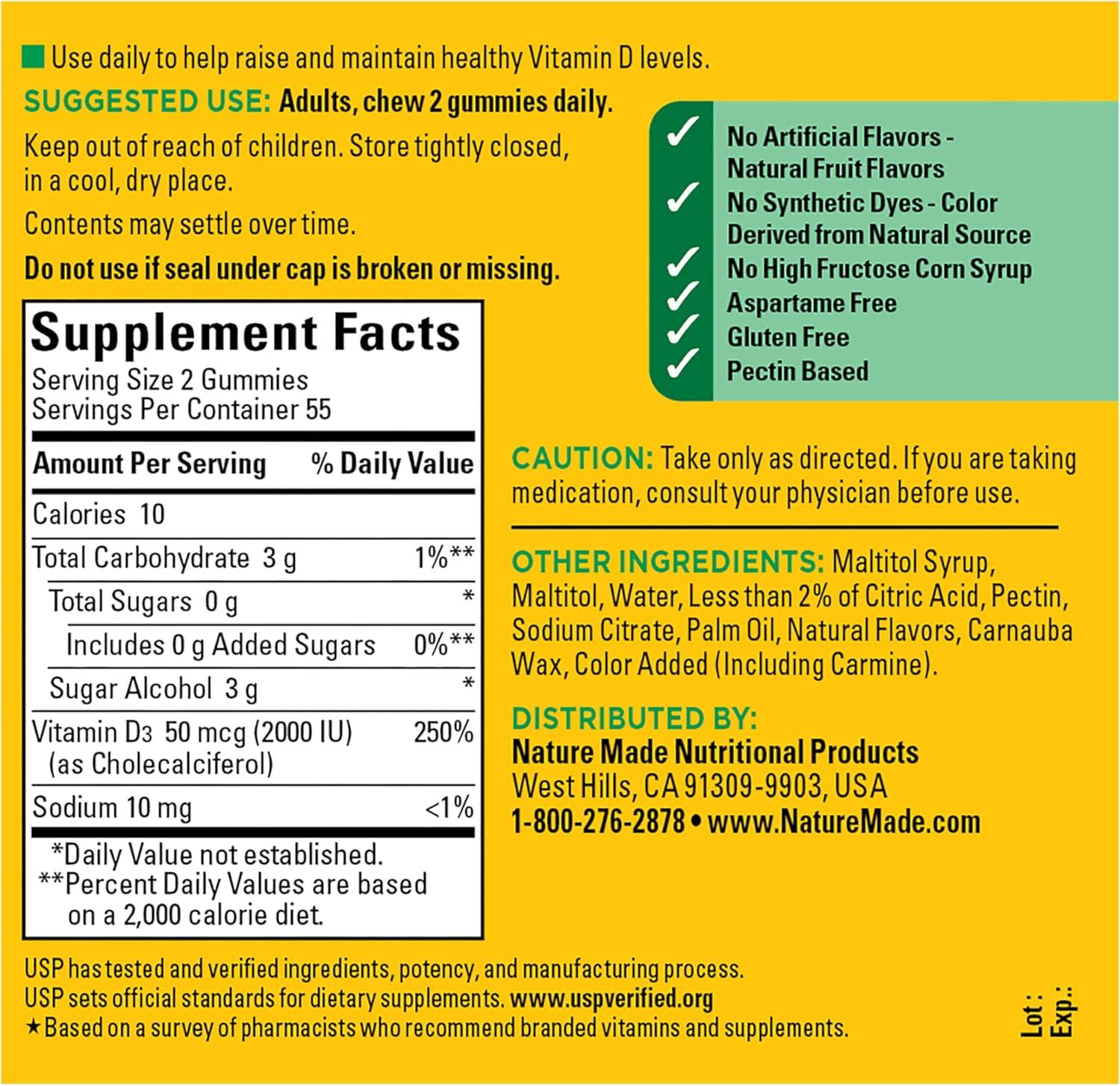 image:imageNature Made Zero Sugar Vitamin D3 Gummies 2000 IU 50 mcg Per Serving Bone amp Immune Support Aspartame Free 110 Vitamin D Gummies 55 Day Supply110 Count Pack of 1