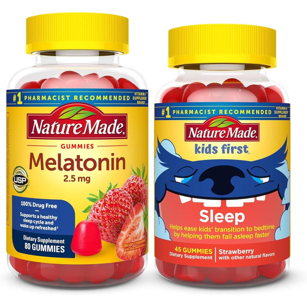 image:imageNature Made Adult amp Kids Melatonin Gummies Combo Pack for Restful Sleep Family Pack Sleep Aids for Adults amp Kids Two Sleep Gummies Bottles