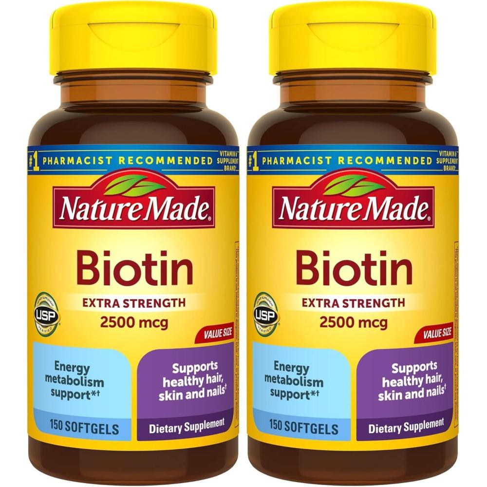 image:imageNature Made Biotin 2500 mcg Extra Strength Biotin Supplements Support Healthy Hair Skin amp Nails 150 Softgels 150 Day Supply150 Count Pack of 2