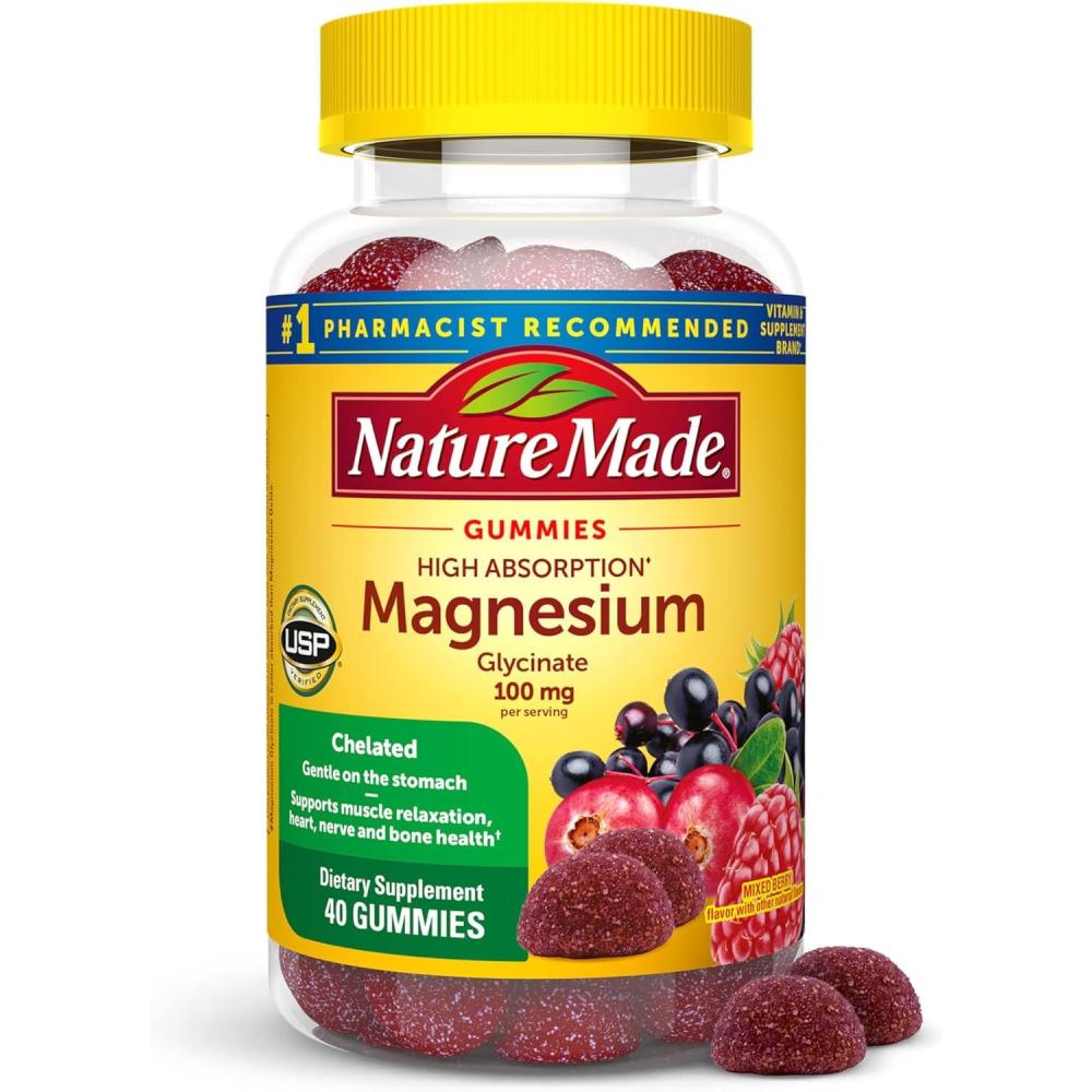 image:imageNature Made High Absorption Magnesium Glycinate Gummies 100 mg per Serving Muscle Nerve Bone and Heart Support Magnesium Supplement 40 Magnesium Gummies 20 Day Supply