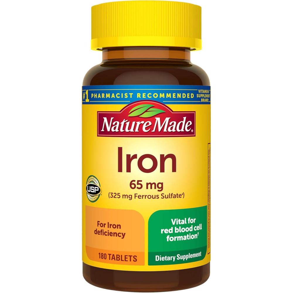 image:imageNature Made Iron 65 mg 325 mg Ferrous Sulfate Tablets Iron Supplements Dietary Supplement for Red Blood Cell Support 180 Tablets 180 Day SupplyUnflavored