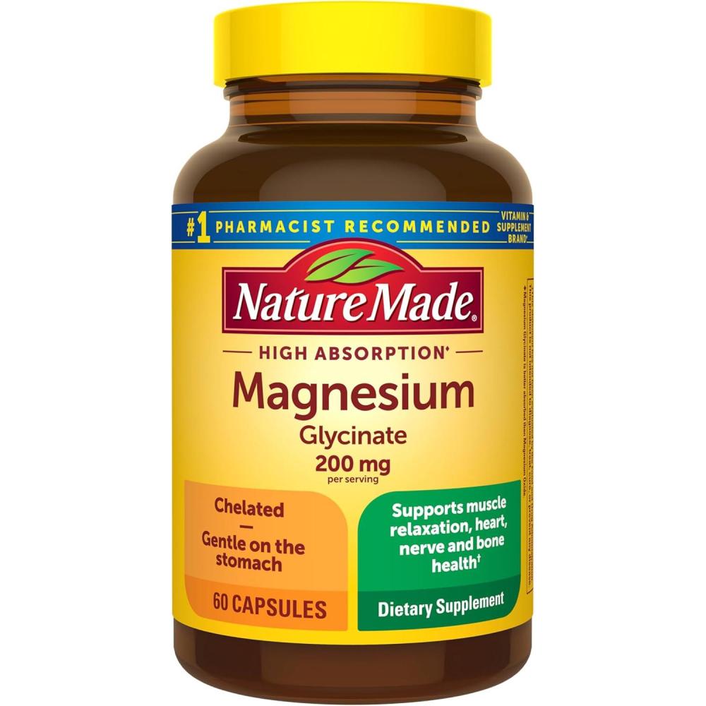 image:imageNature Made Magnesium Glycinate 200 mg per Serving Magnesium Supplement for Muscle Heart Nerve and Bone Support 60 Magnesium Bisglycinate Capsules 30 Day Supply60 Count Pack of 1