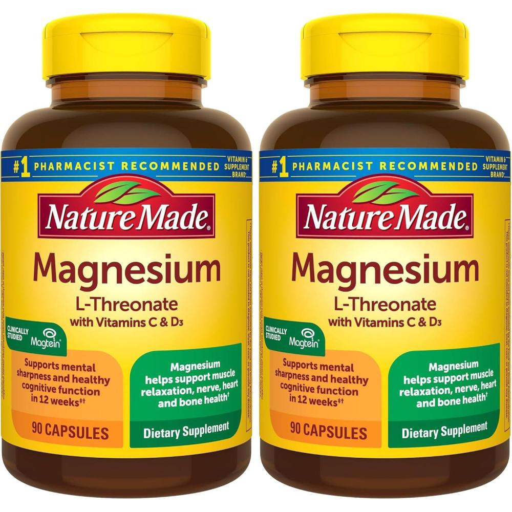 image:imageNature Made Magnesium LThreonate with Vitamin C amp Vitamin D3 Provides 130 mg of Mag from 1800 mg Magnesium L Threonate Cognitive Support Magnesium Supplement 90 Capsules 30 Day Supply90 Count Pack of 2
