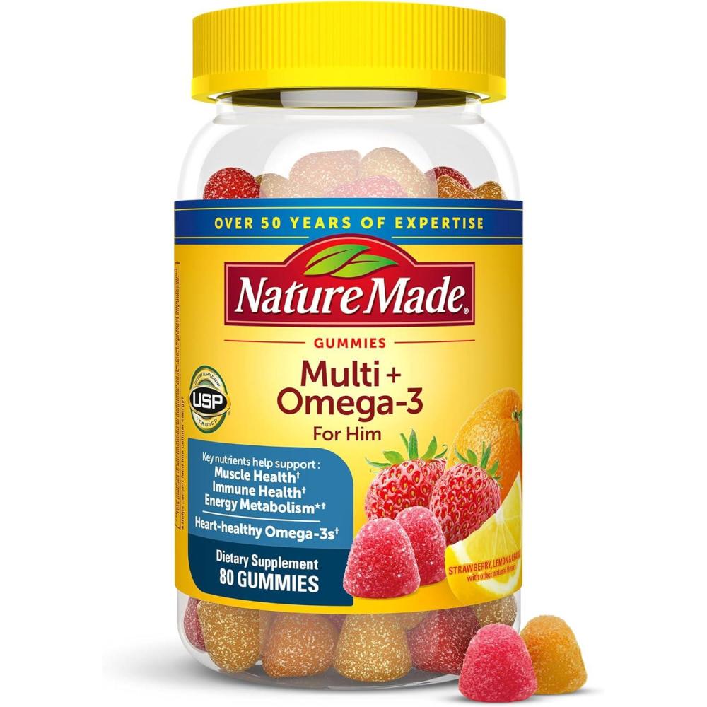 image:imageNature Made Mens Multivitamin Gummies with Omega3 Mens Gummy Multivitamins for Daily Nutritional Support 80 Gummy Vitamins and Minerals 40 Day SupplyLemon Strawberry
