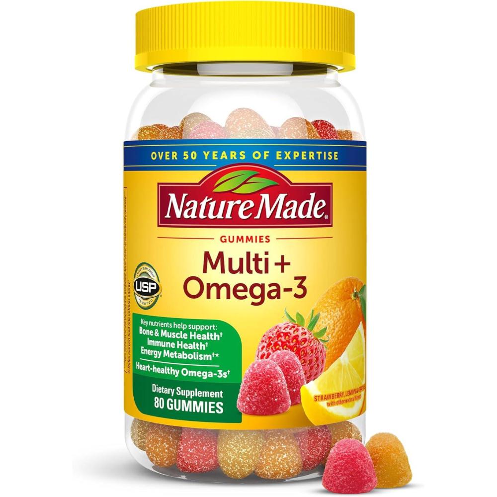 image:imageNature Made Multivitamin Omega3 Multivitamin Gummies for Women and Men Daily Nutritional Support 80 Adult Gummy Vitamins amp Minerals 40 Day SupplyStrawberry Orange Lemon
