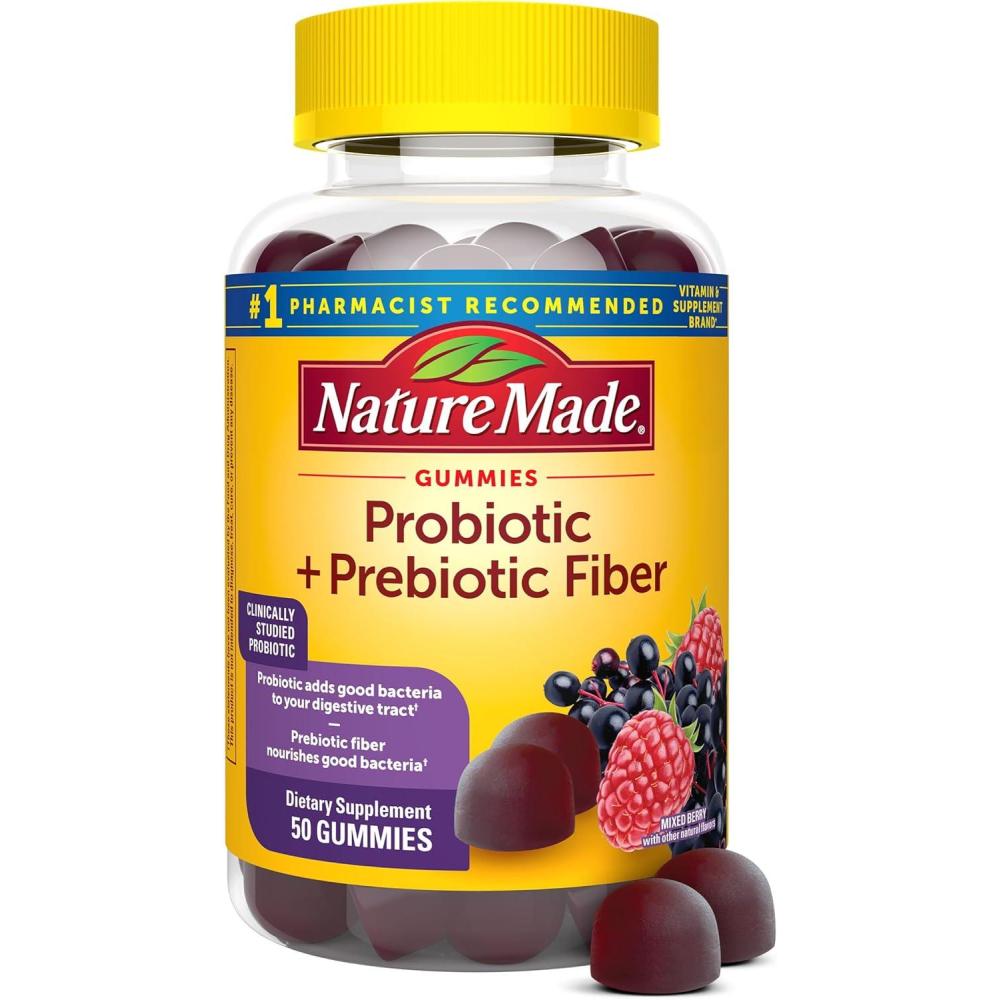 image:imageNature Made Probiotic  Prebiotic Fiber Gummies for Daily Gut Health Fiber Supplement with Probiotics for Digestive Health Support 50 Gummies 25 Day Supply50 Count Pack of 1