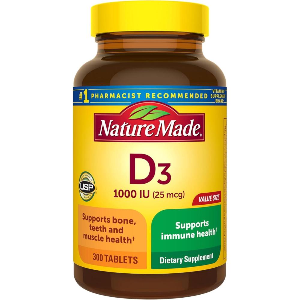 image:imageNature Made Vitamin D3 1000 IU 25 mcg Vitamin D Supplement for Bone Teeth Muscle and Immune Health Support 300 Tablets 300 Day Supply300 Count Pack of 1
