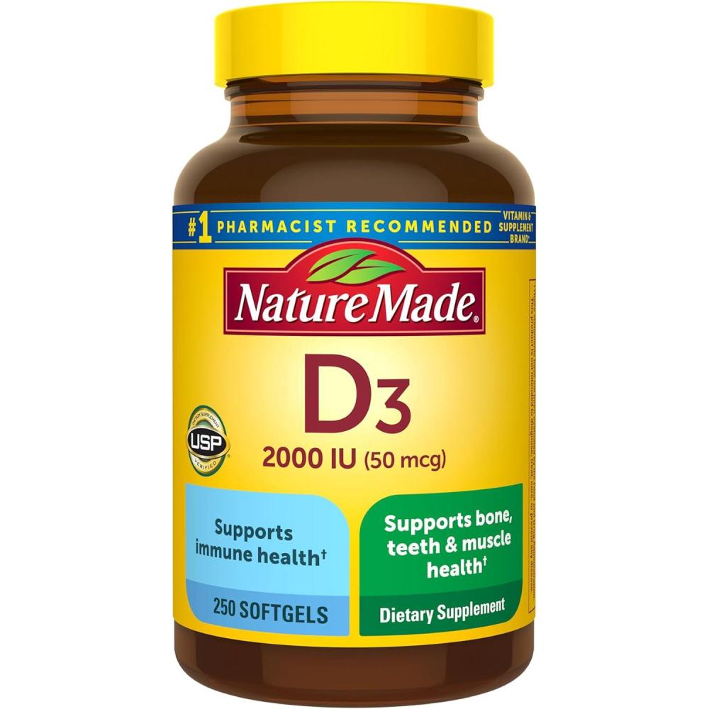 image:imageNature Made Vitamin D3 2000 IU 50 mcg Vitamin D Supplement for Bone Teeth Muscle and Immune Health Support 250 Softgels 250 Day Supply250 Count Pack of 1
