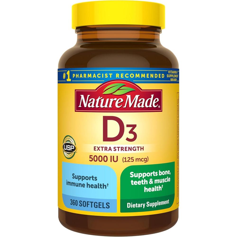 image:imageNature Made Vitamin D3 5000 IU 125 mcg Softgels Extra Strength Vitamin D Supplement for Bone and Immune Health Support 360 Count 360 Day Supply360 Count Pack of 1