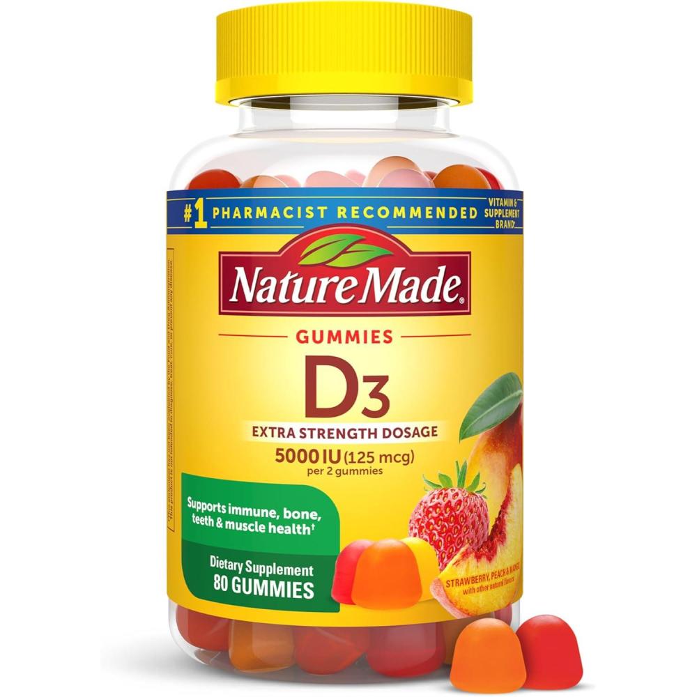 image:imageNature Made Vitamin D3 5000 IU Per Serving Gummies Extra Strength Bone and Immune Health Support 80 Vitamin D Gummies for Adults 40 Day SupplyStrawberry Peach Mango