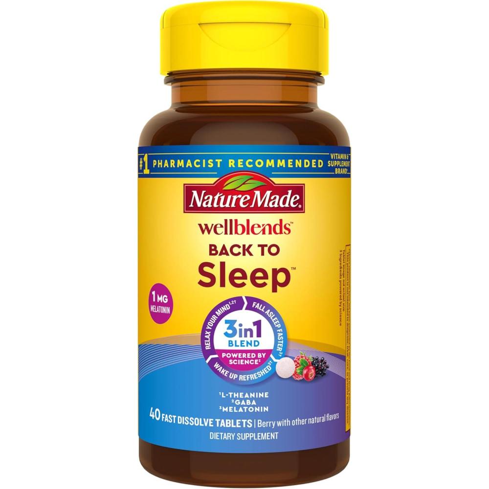 image:imageNature Made Wellblends Back To Sleep Lower Dose Melatonin 1 mg L theanine 100 mg and GABA 100mg Sleep Supplement 40 Fast Dissolve Tablets40 Count Pack of 1
