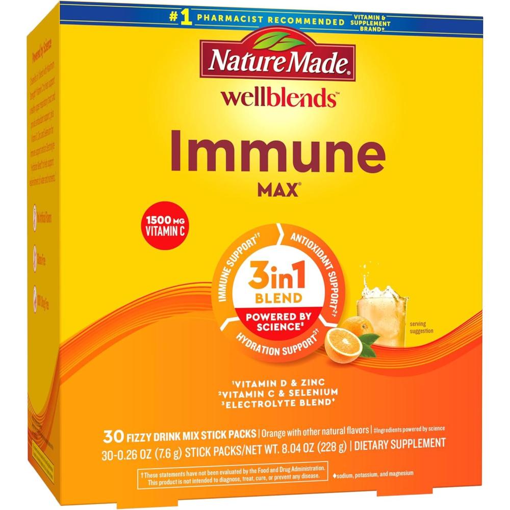 image:imageNature Made Wellblends ImmuneMAX Fizzy Drink Mix Vitamin C 2000mg with Zinc 20 mg Vitamin D3 1000 IU 25 mcg plus Seven B Vitamins and Electrolyte Hydration Blend 30 Stick Packs188 Pound Pack of 1