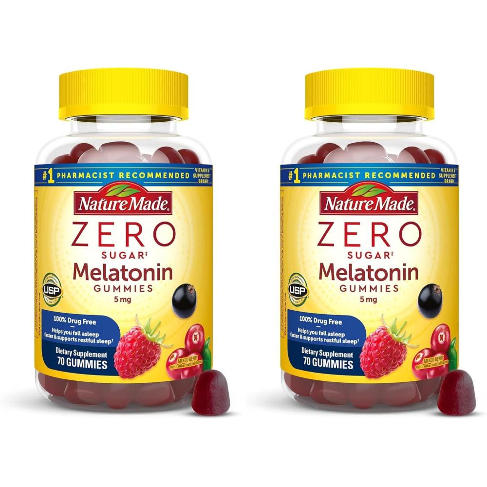 image:imageNature Made Zero Sugar Melatonin 5mg Sleeping Gummies for Adults Extra Strength 100 Drug Free Sleep Aid Aspartame Free 70 Sugar Free Melatonin Gummies 70 Day Supply70 Count Pack of 2
