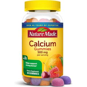 Nature Made Calcium Gummies 500 mg Per Serving with Vitamin D3, Dietary Calcium Supplement for Bone Support, 80 Gummies, 40 Day Supply(Cherry  Orange & Strawberry)