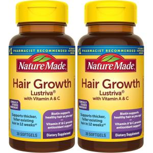 Nature Made Hair Growth Softgels, Clinically Studied Lustriva + Biotin, Vitamin C & A, Hair Growth Vitamins – Support Healthy Hair as You Age, 30 Softgels, 30 Day Supply(30 Count (Pack of 2))