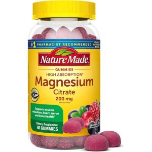 Nature Made High Absorption Magnesium Citrate 200 mg per serving, Magnesium Supplement for Muscle, Nerve, Bone and Heart Support, 60 Magnesium Gummies, 30 Day Supply(Mixed Berry)