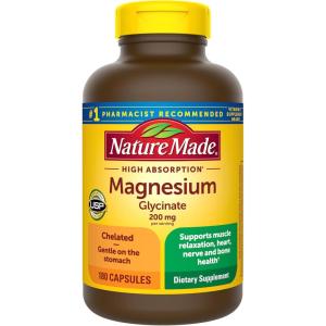 Nature Made Magnesium Glycinate 200 mg per Serving, Magnesium Supplement for Muscle, Heart, Nerve and Bone Support, 60 Magnesium Bisglycinate Capsules, 30 Day Supply(180 Count (Pack of 1))