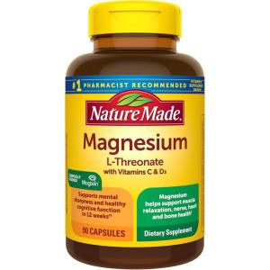 Nature Made Magnesium L-Threonate with Vitamin C & Vitamin D3, Provides 130 mg of Mag from 1800 mg Magnesium L Threonate, Cognitive Support Magnesium Supplement, 90 Capsules, 30 Day Supply(90 Count (Pack of 1))