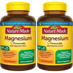 Nature Made Magnesium L-Threonate with Vitamin C & Vitamin D3, Provides 130 mg of Mag from 1800 mg Magnesium L Threonate, Cognitive Support Magnesium Supplement, 90 Capsules, 30 Day Supply(90 Count (Pack of 2))