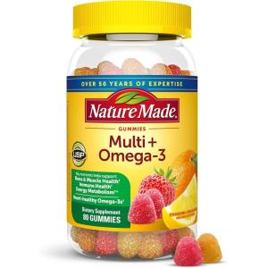 Nature Made Multivitamin + Omega-3, Multivitamin Gummies for Women and Men, Daily Nutritional Support, 80 Adult Gummy Vitamins & Minerals, 40 Day Supply(Strawberry  Orange  Lemon)