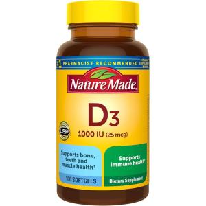 Nature Made Vitamin D3 1000 IU (25 mcg), Vitamin D Supplement for Bone, Teeth, Muscle and Immune Health Support, 100 Softgels, 100 Day Supply(100 Count (Pack of 1))